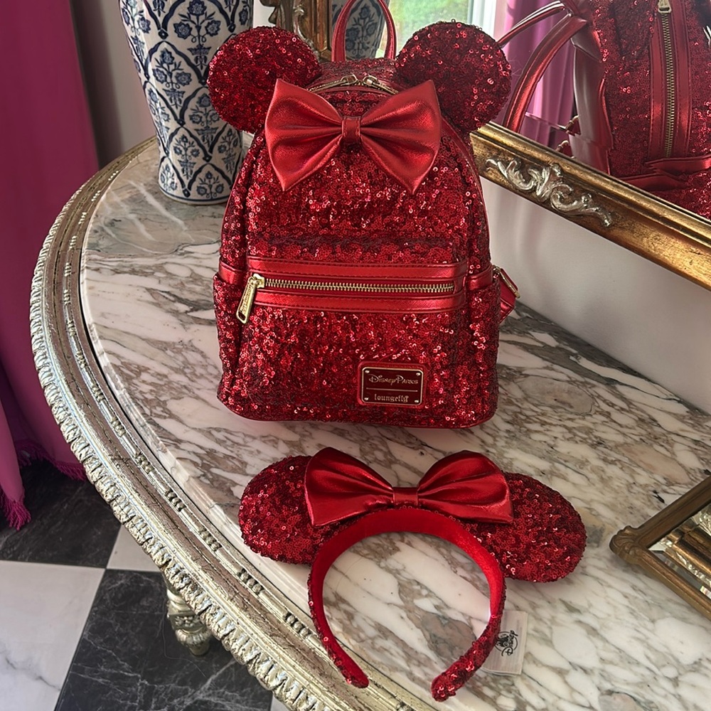 Disney Loungefly Red Sparkle Backpack and Matching Mickey Ears